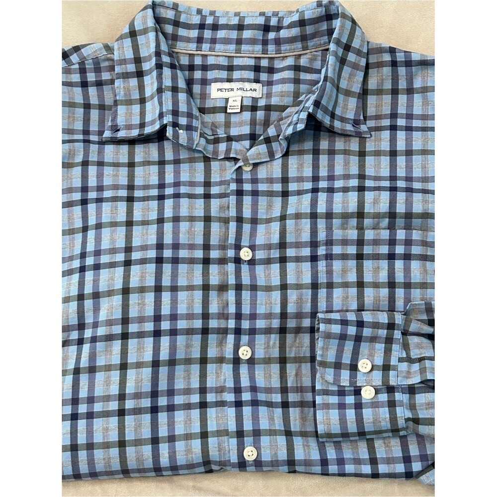 Peter Millar Crown Lite Shirt Mens XL Blue Plaid Stretch Long Sleeve Button Up
